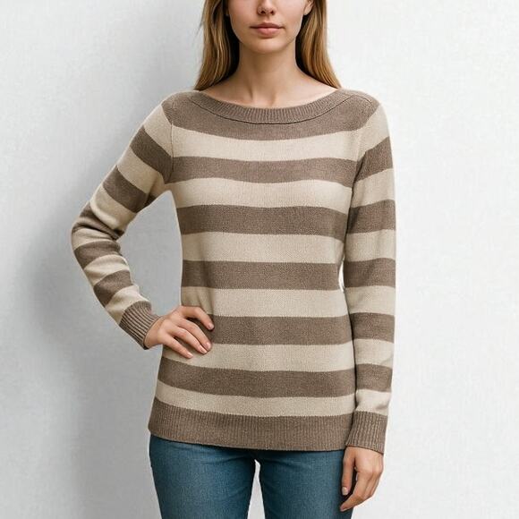 J. Crew Pure Italian Cashmere Sweater Tan Cream Striped Boat Neck Size XS - Picture 1 of 13